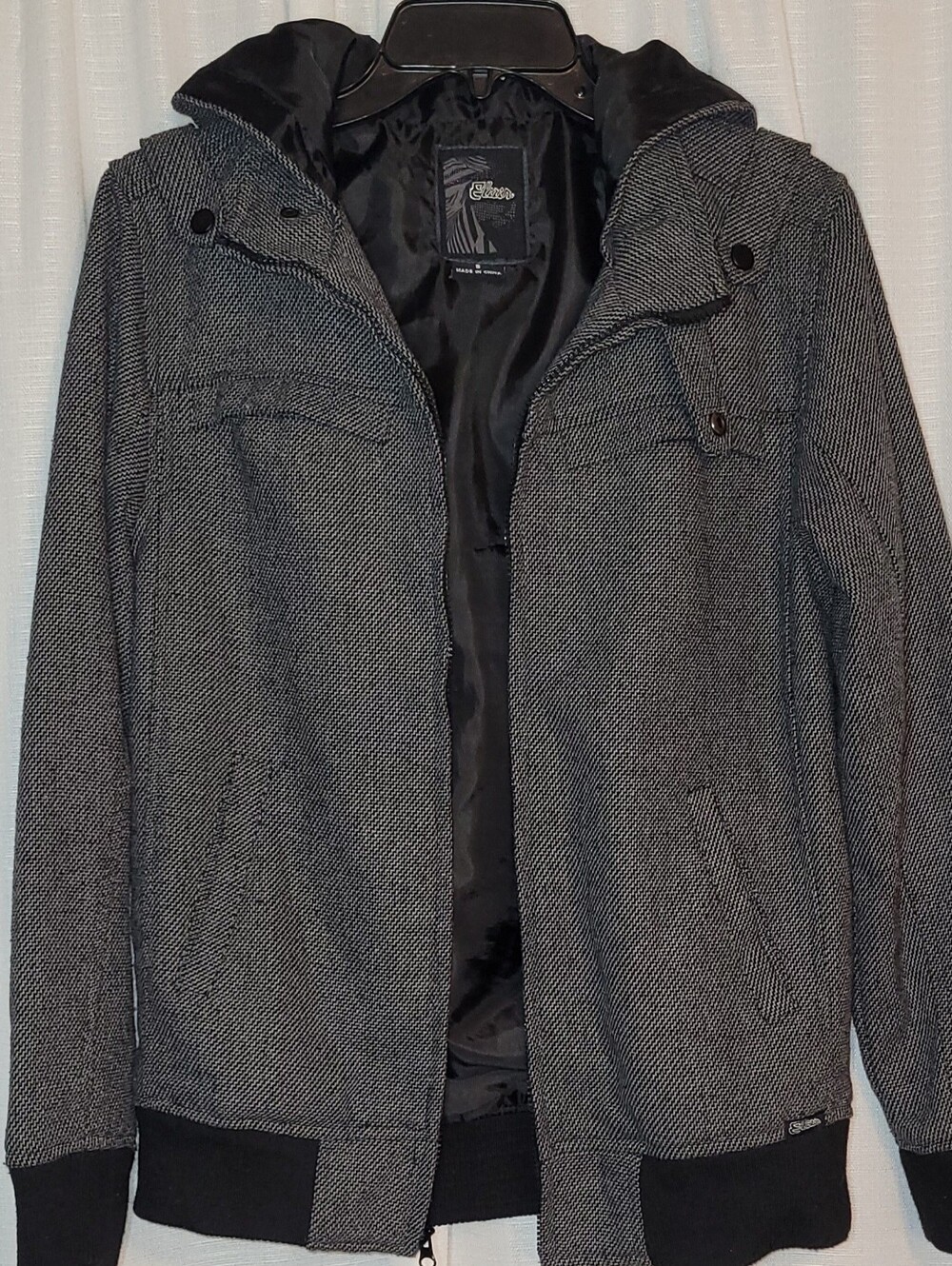 Elixir Black and Grey Herringbone 4 Pockets Hooded Jacket Sm